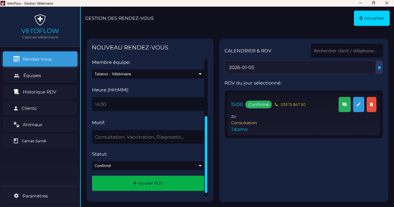 VetoFlow - Logiciel de Gestion Cabinet Vétérinaire - Projet réalisé par Ravinala Digital, agence web à Madagascar | Application Sur Mesure - Antananarivo, Madagascar
